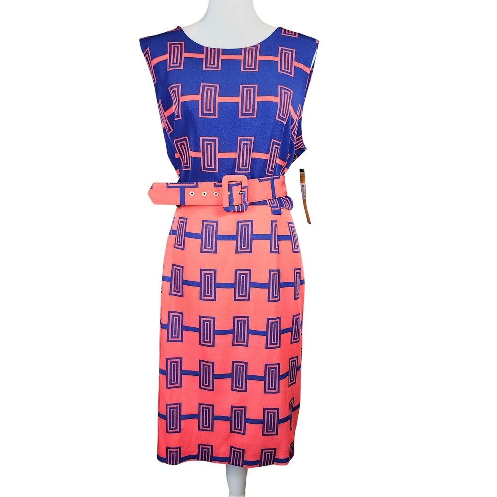 ILE Belted Sheath Dress Womens 18 Blue Coral Geometric Office Work Church NEW